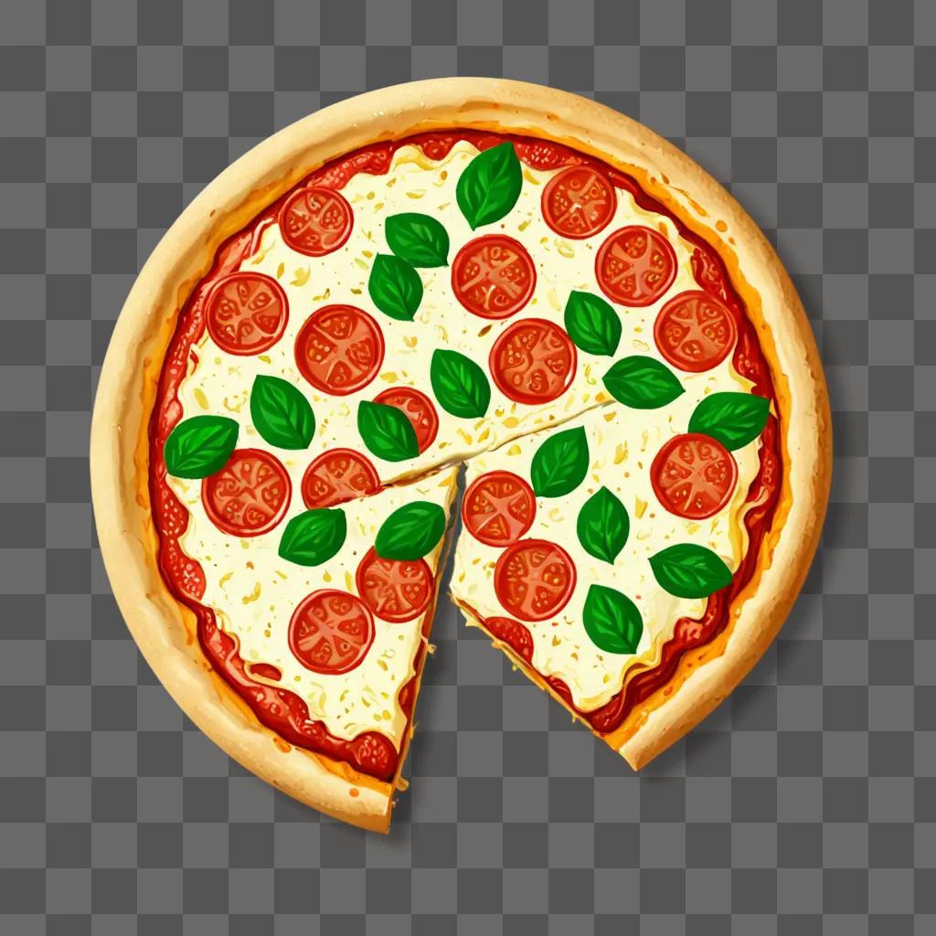 Pizza with tomato slices and basil leaves in a round shape