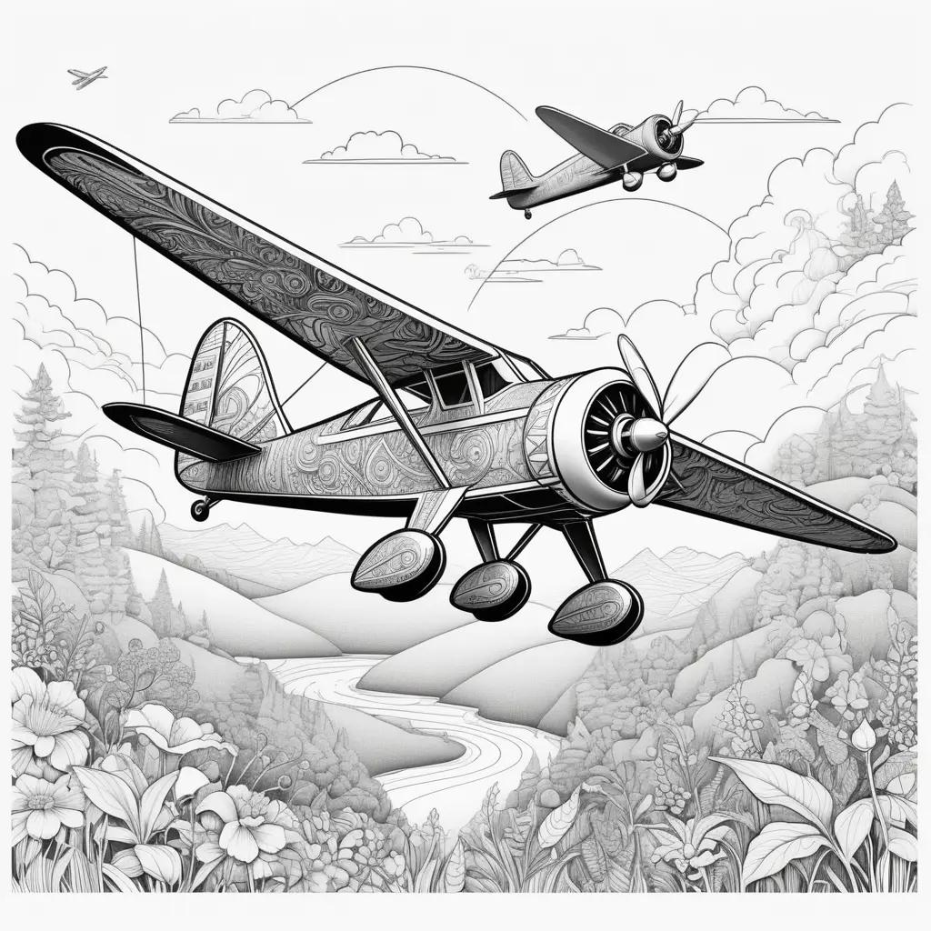 Plane Coloring Pages with Black and White Illustrations of Airplane in the Sky