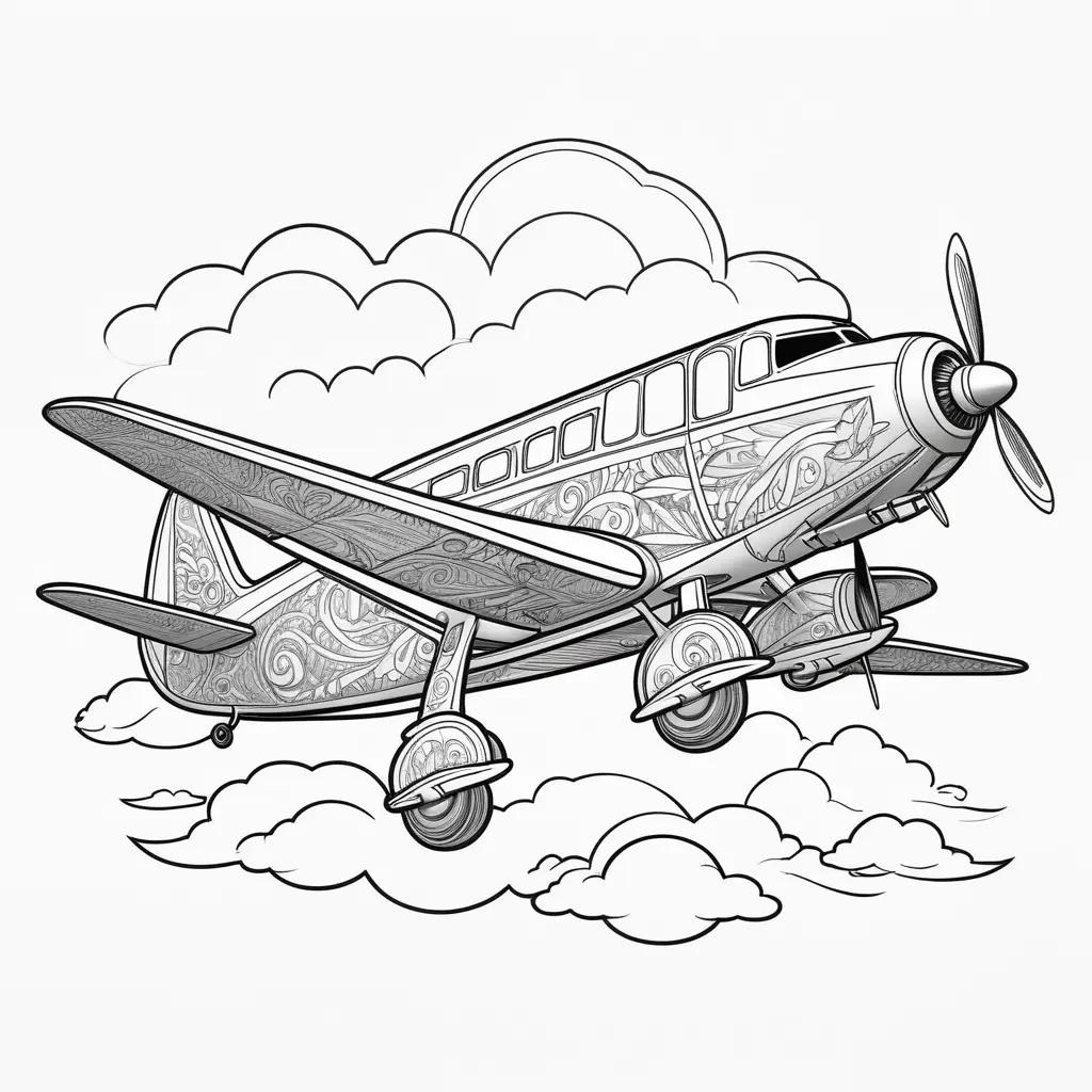 Plane coloring pages for kids with clouds and clouds