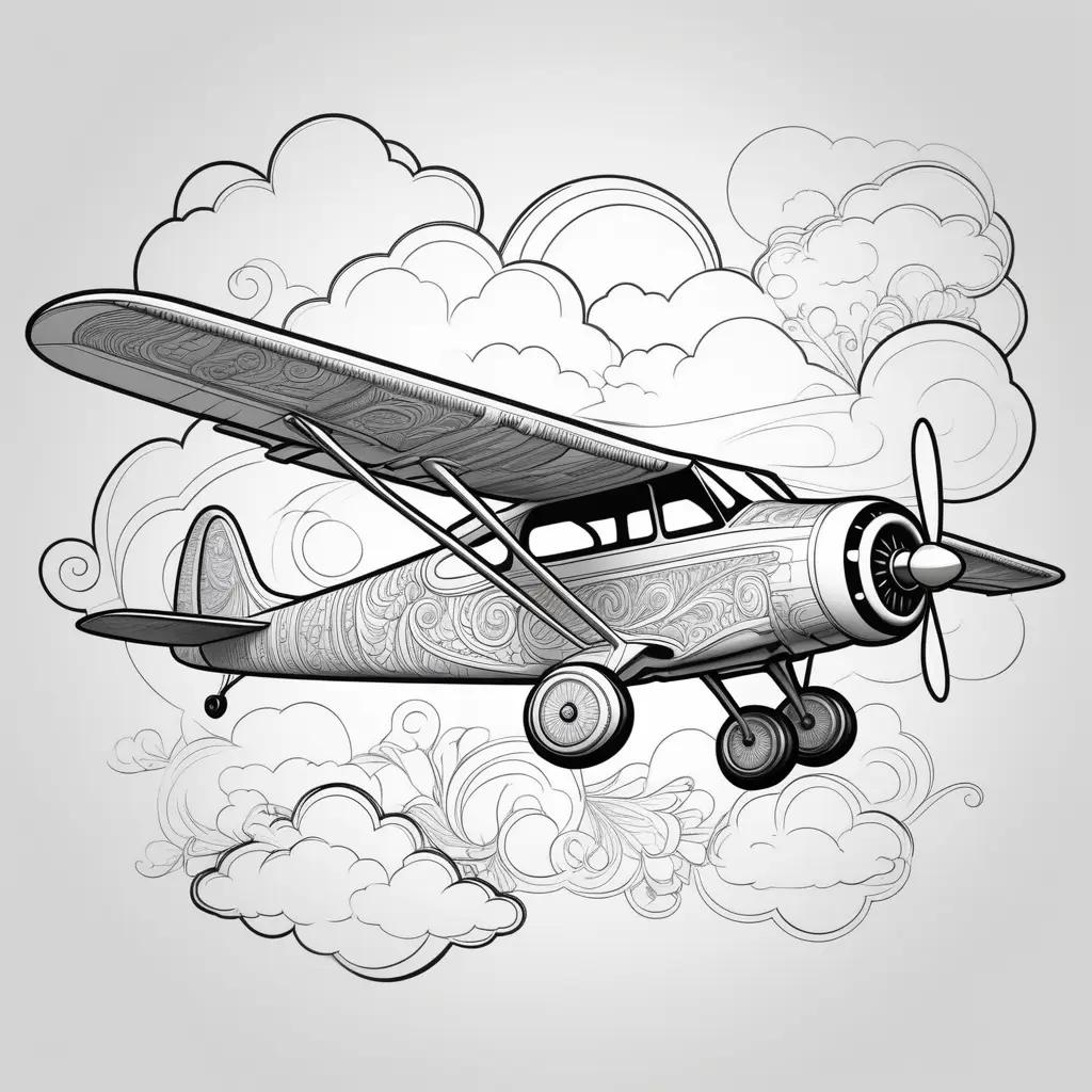 Plane coloring pages for kids with clouds and sky