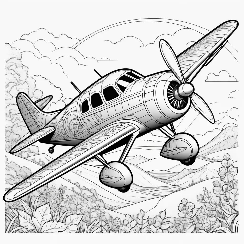 Plane coloring pages with birds and flowers in the background