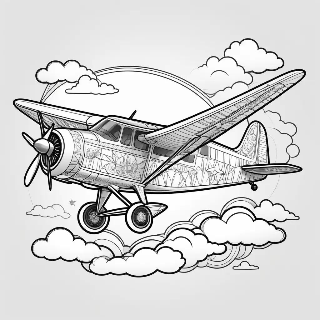 Plane coloring pages with clouds and stars