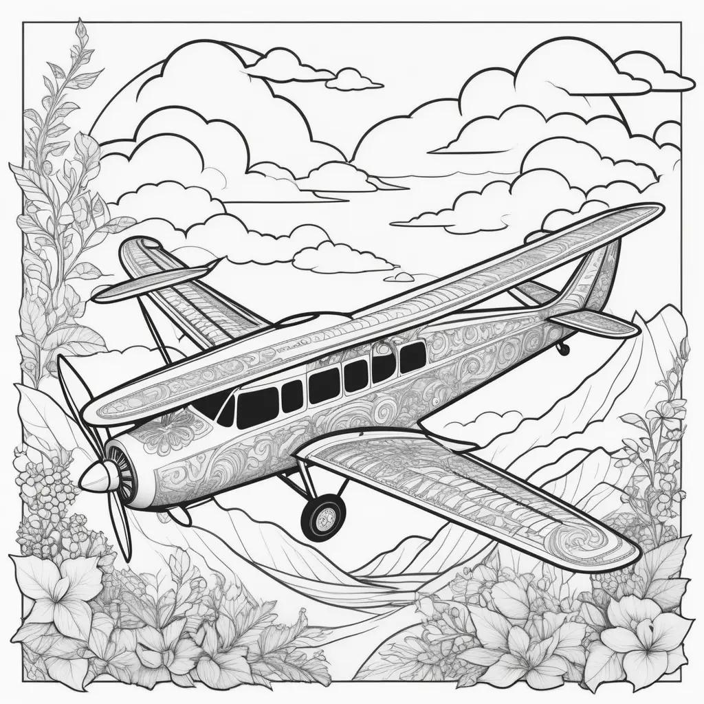 プロペラ機の詳細なイラストが描かれた飛行機のぬりえ