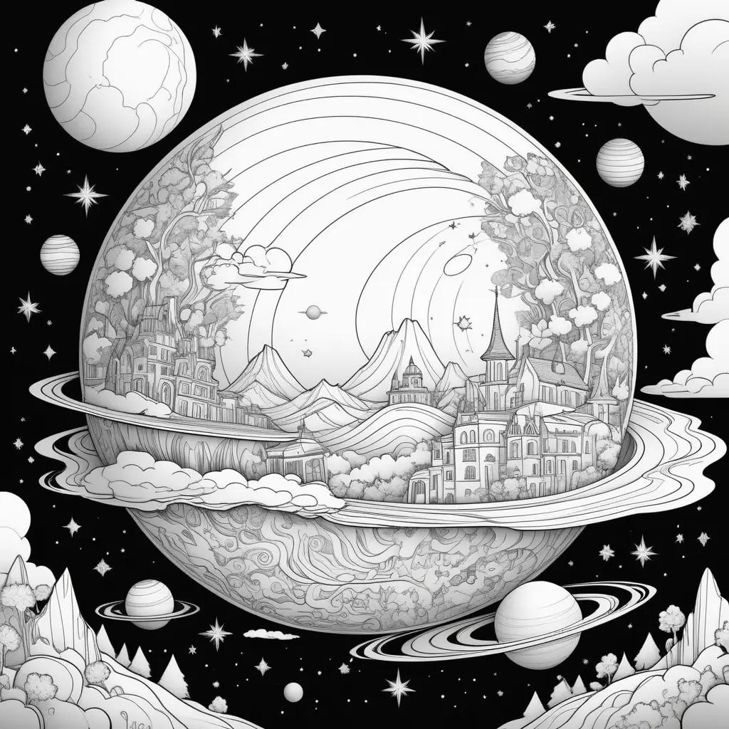 Planet coloring pages with planets, stars, and a city