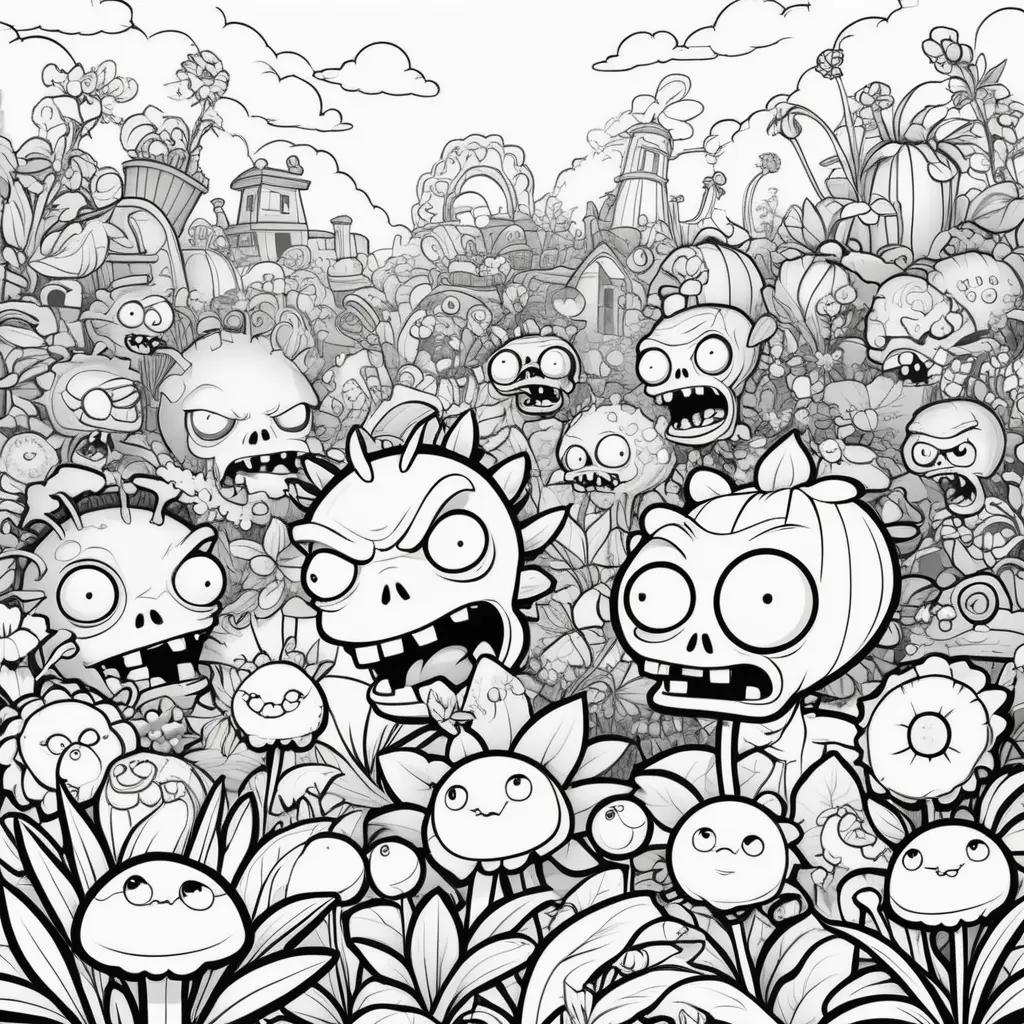 Plants vs Zombies coloring pages with a lot of plants and zombies