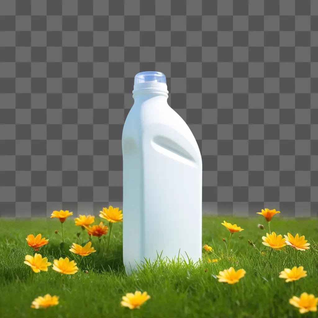 Plastic bottle stands in grass with yellow flowers