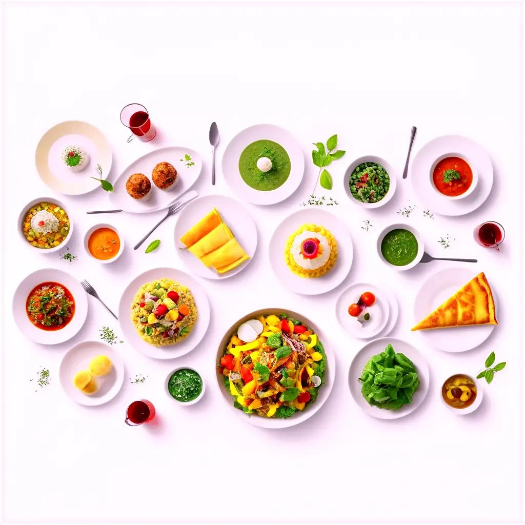 Plates of food arranged on a white table