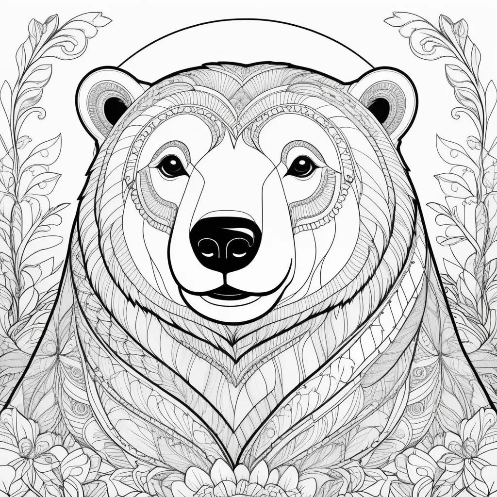 Polar bear coloring pages featuring a black and white design of a bear with floral background