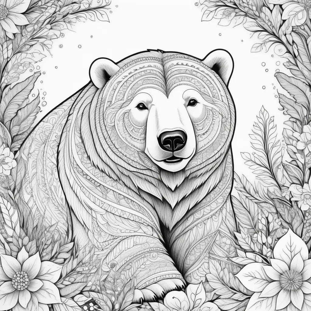 Polar bear coloring pages with intricate patterns and leaves