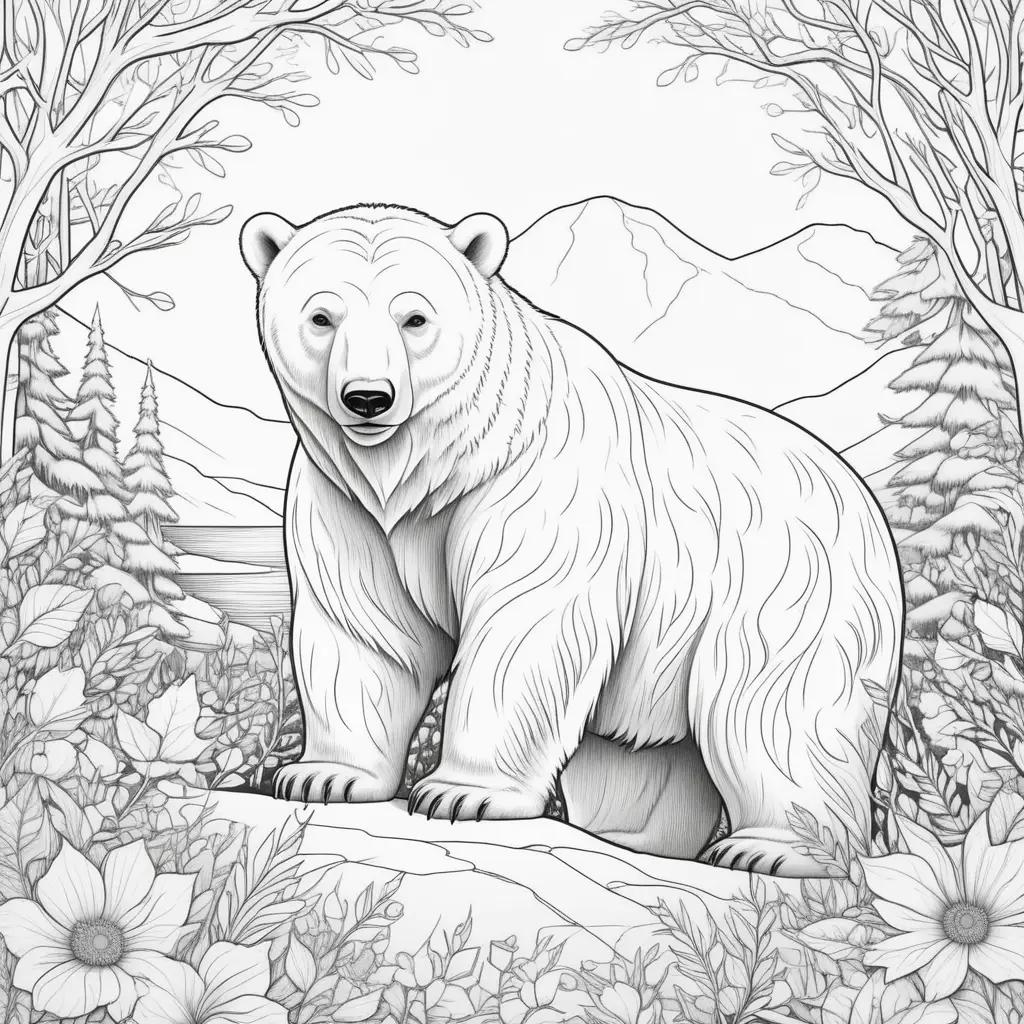 Polar bear coloring pages with mountain scenery and flowers