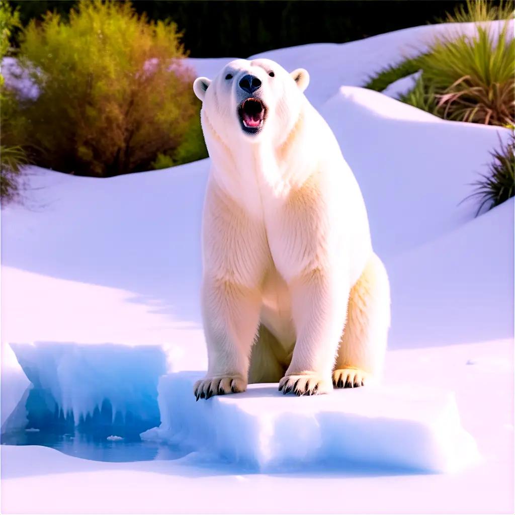 Polar bear on ice with its mouth open