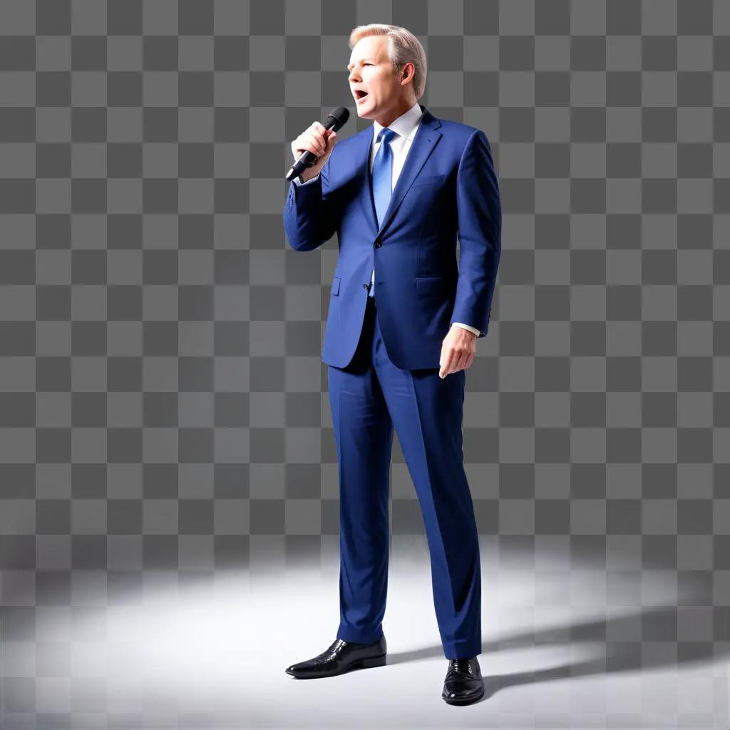 Politician in a blue suit and tie sings into a microphone