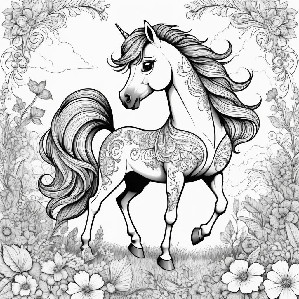 Ponies with intricate designs in black and white coloring pages