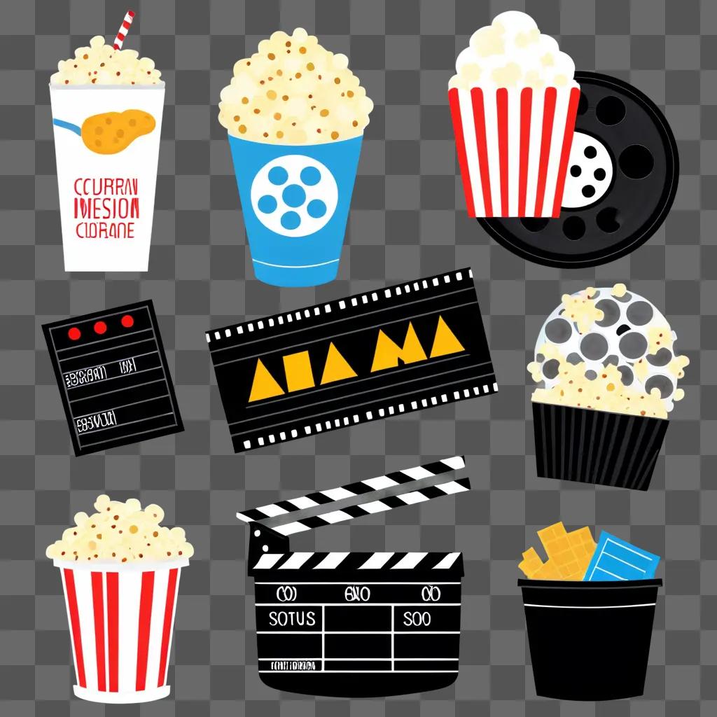 Popcorn and movie clipart on a black background