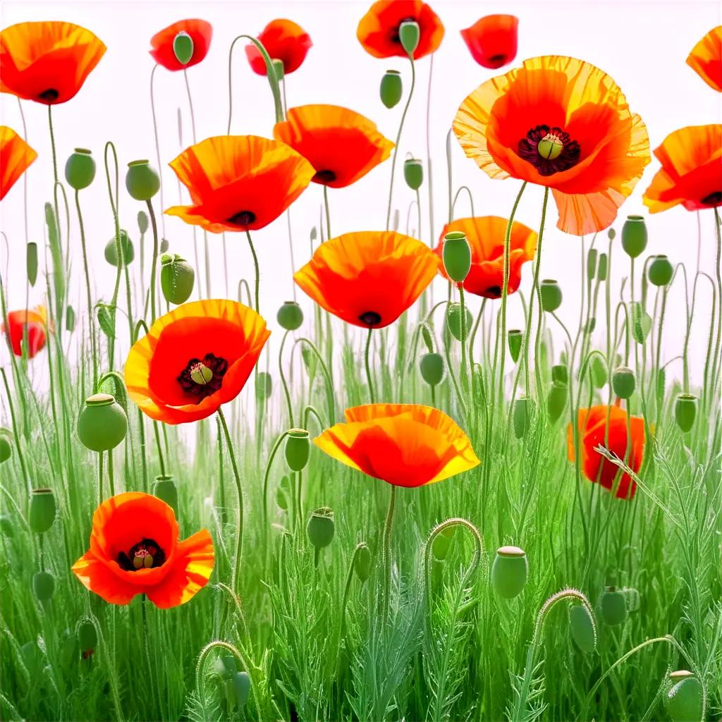 Poppy flowers in a field of green