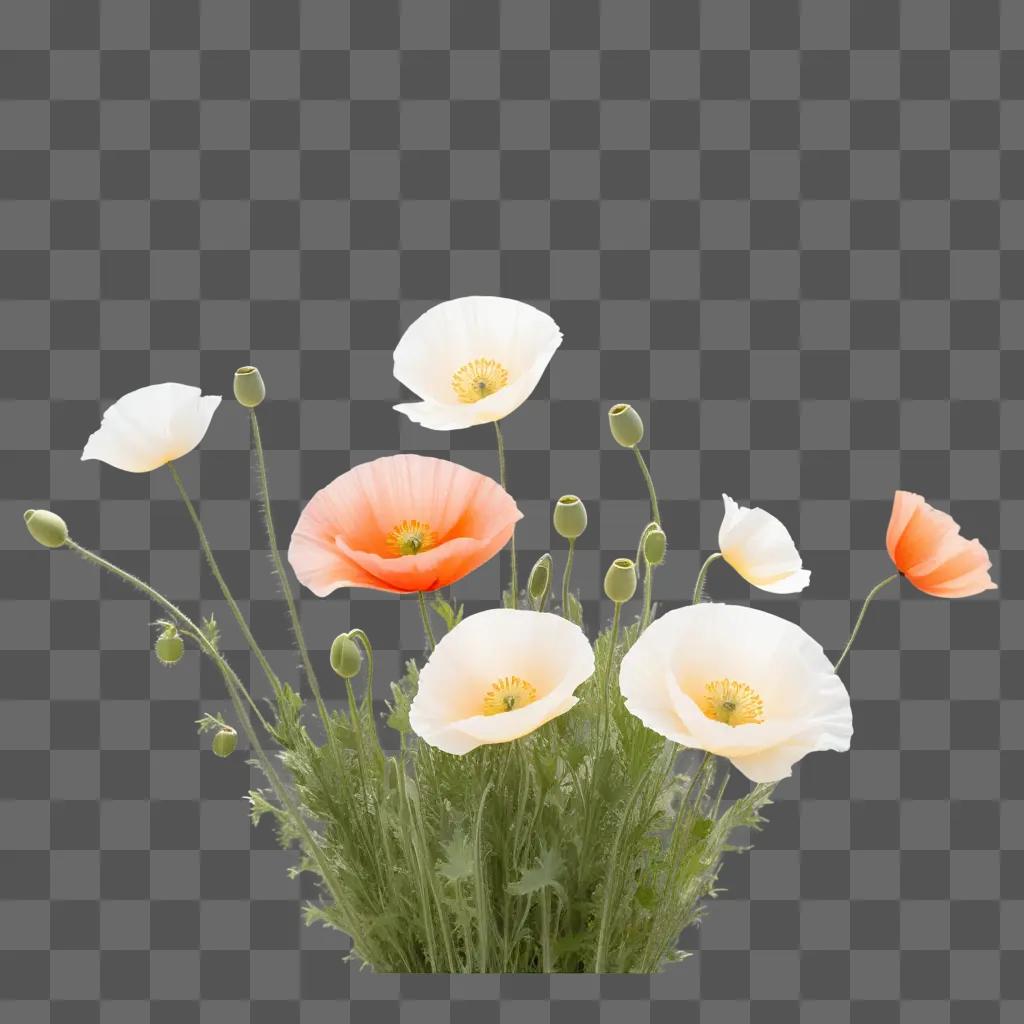 Poppy flowers with buds in a green background