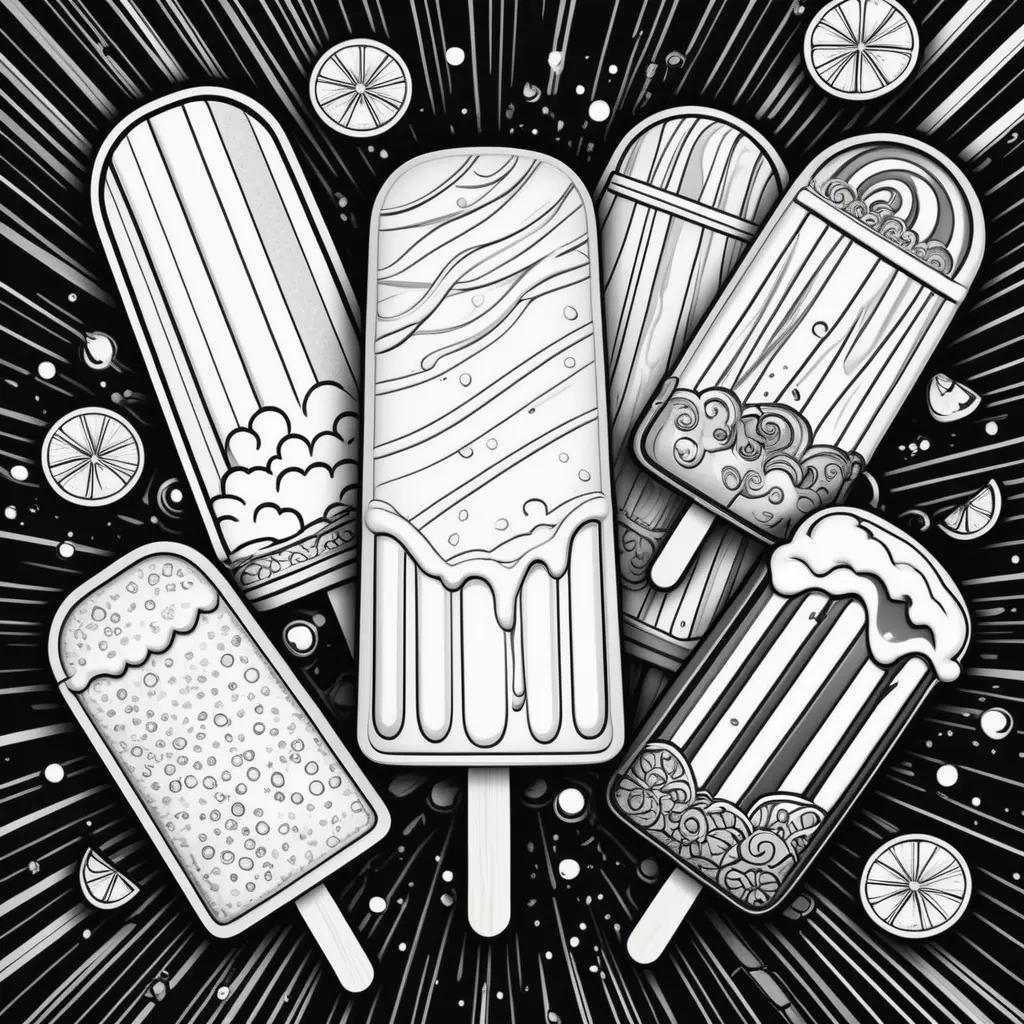 Popsicle color page shows a variety of colorful ice cream sticks