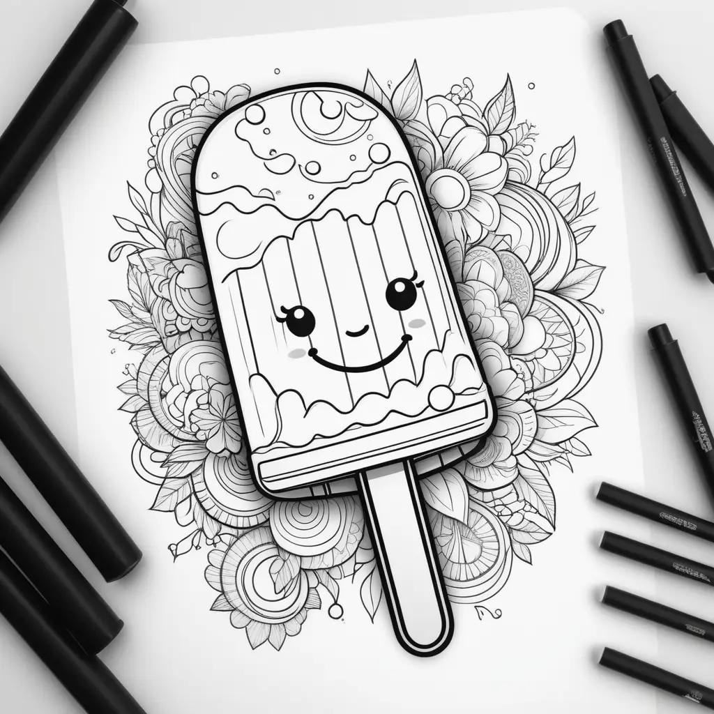 Popsicle coloring page with a smiley face and flowers