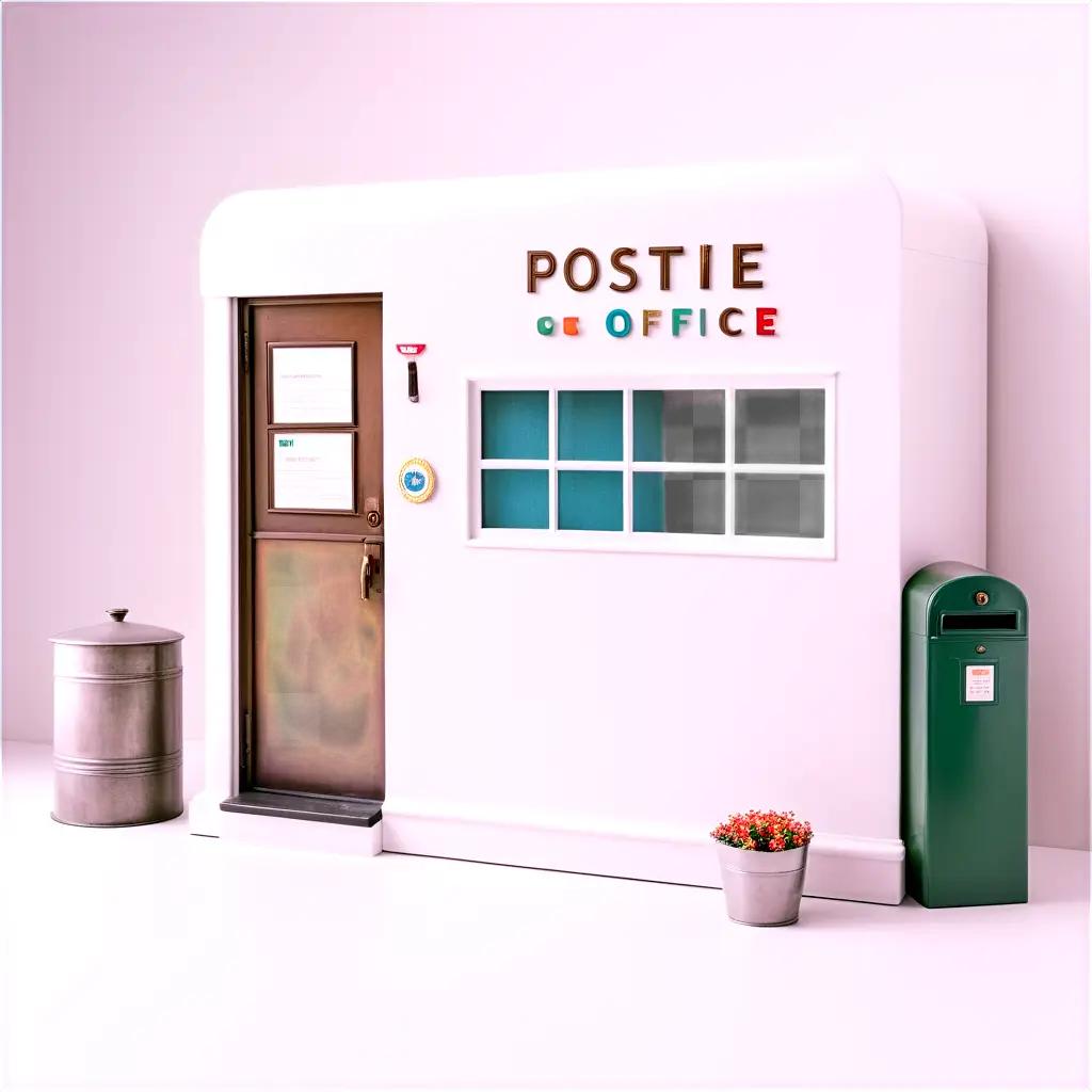 Post office with a trashcan and a plant