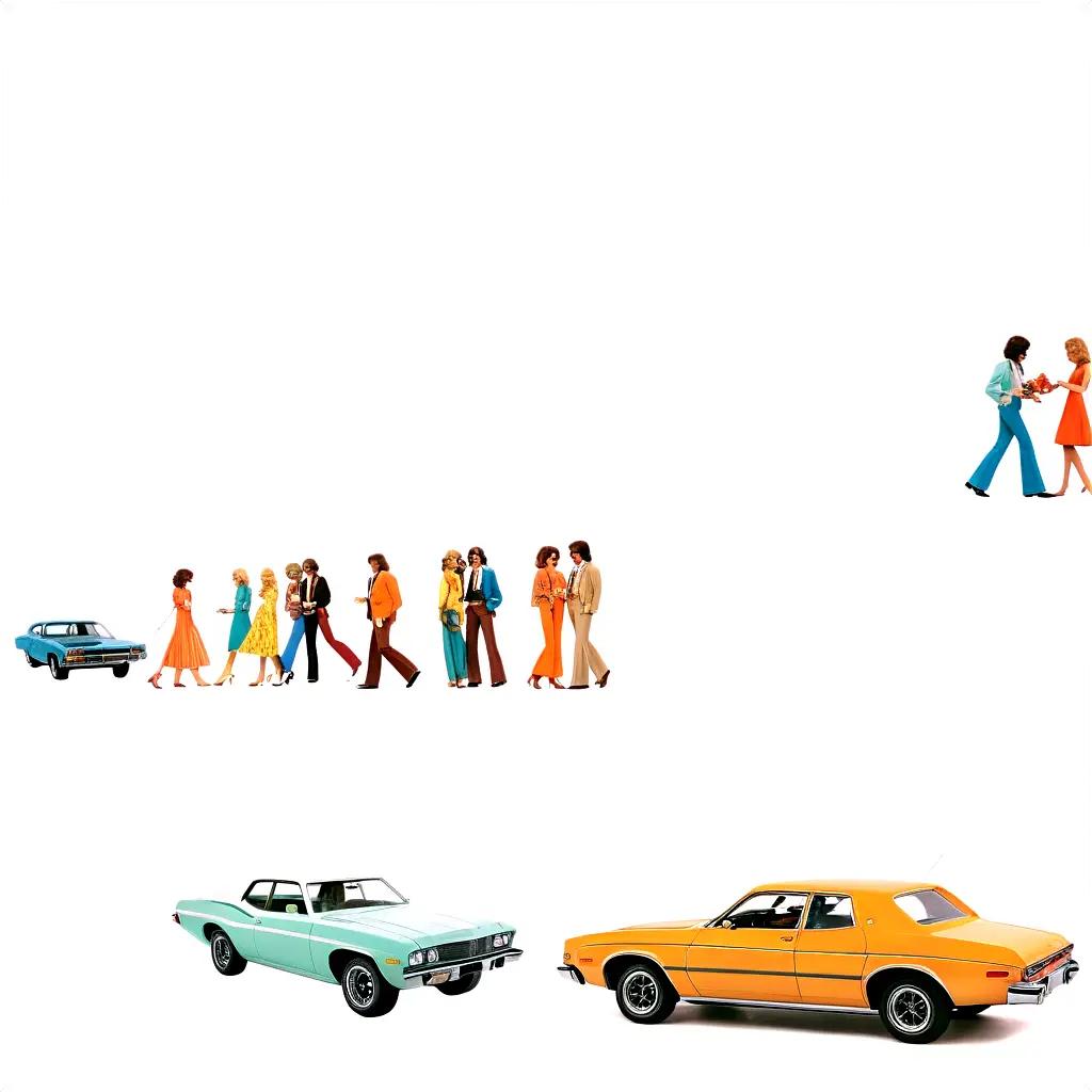 Poster of people and cars in 70s style