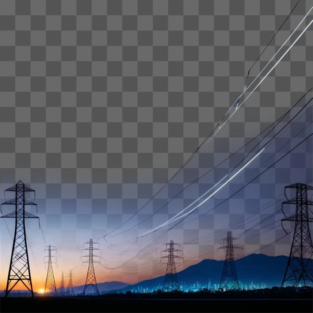 Power lines stretch across a cityscape at sunset