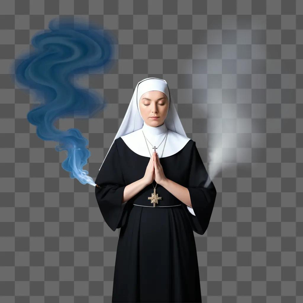 Praying nun in black robe with white cross