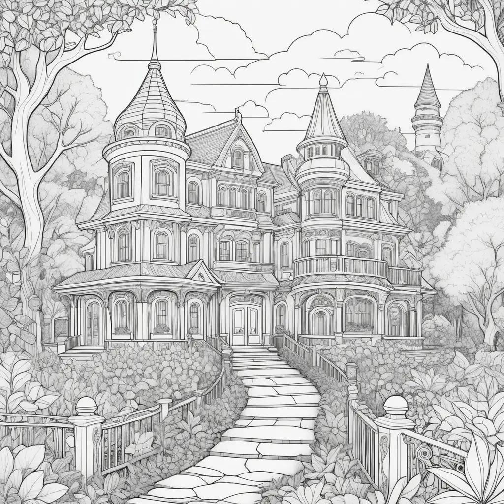 Pre-kindergarten coloring pages: an illustration of a large house with a walkway in front of it