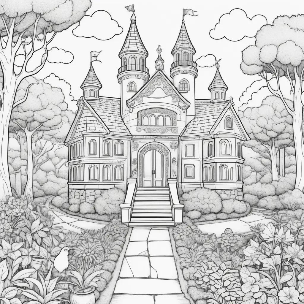 Pre-kindergarten coloring pages featuring a castle in a garden with flags and a bird