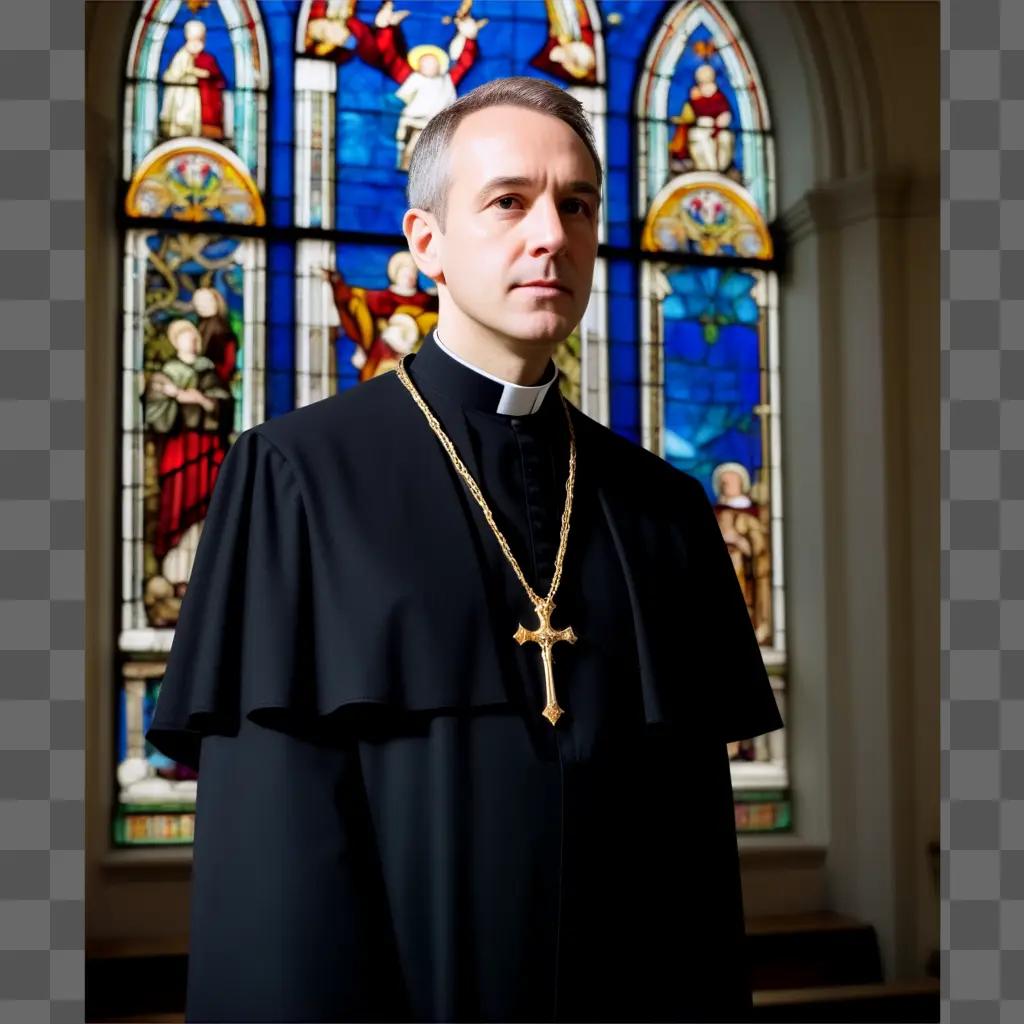 Priest in black standing in front of stained glass window