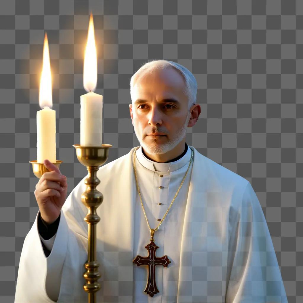 Priest in white robe holding lit candles