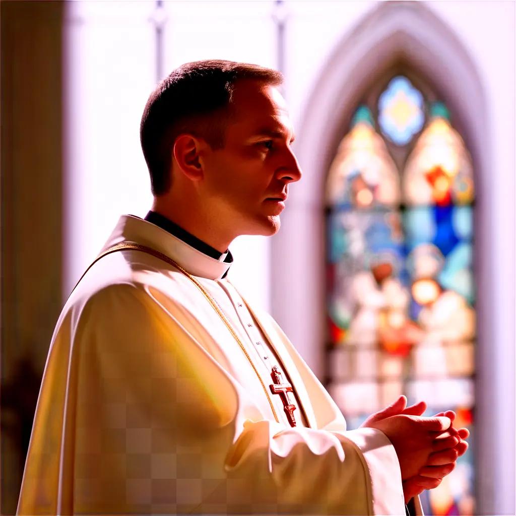 Priest praying in church