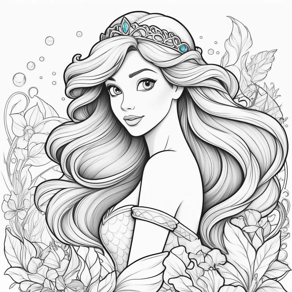 Princess Ariel coloring page with bubbles and flowers