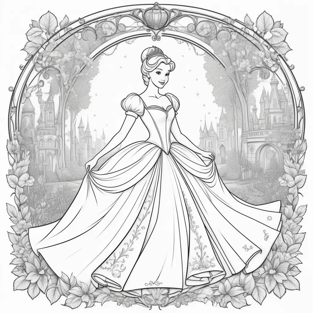 Princess Cinderella coloring page with a castle in the background