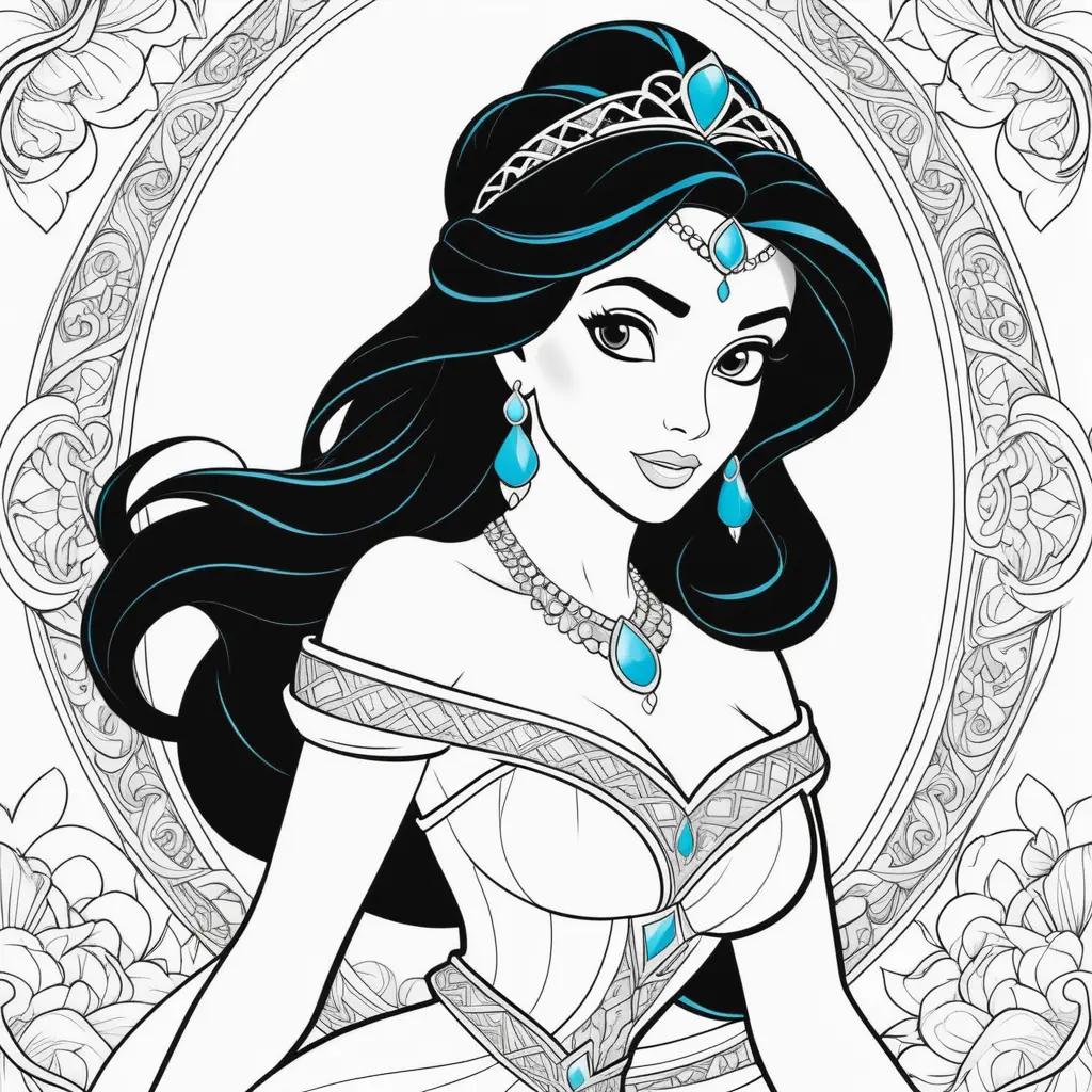 Princess Jasmine coloring page with turquoise and blue tones