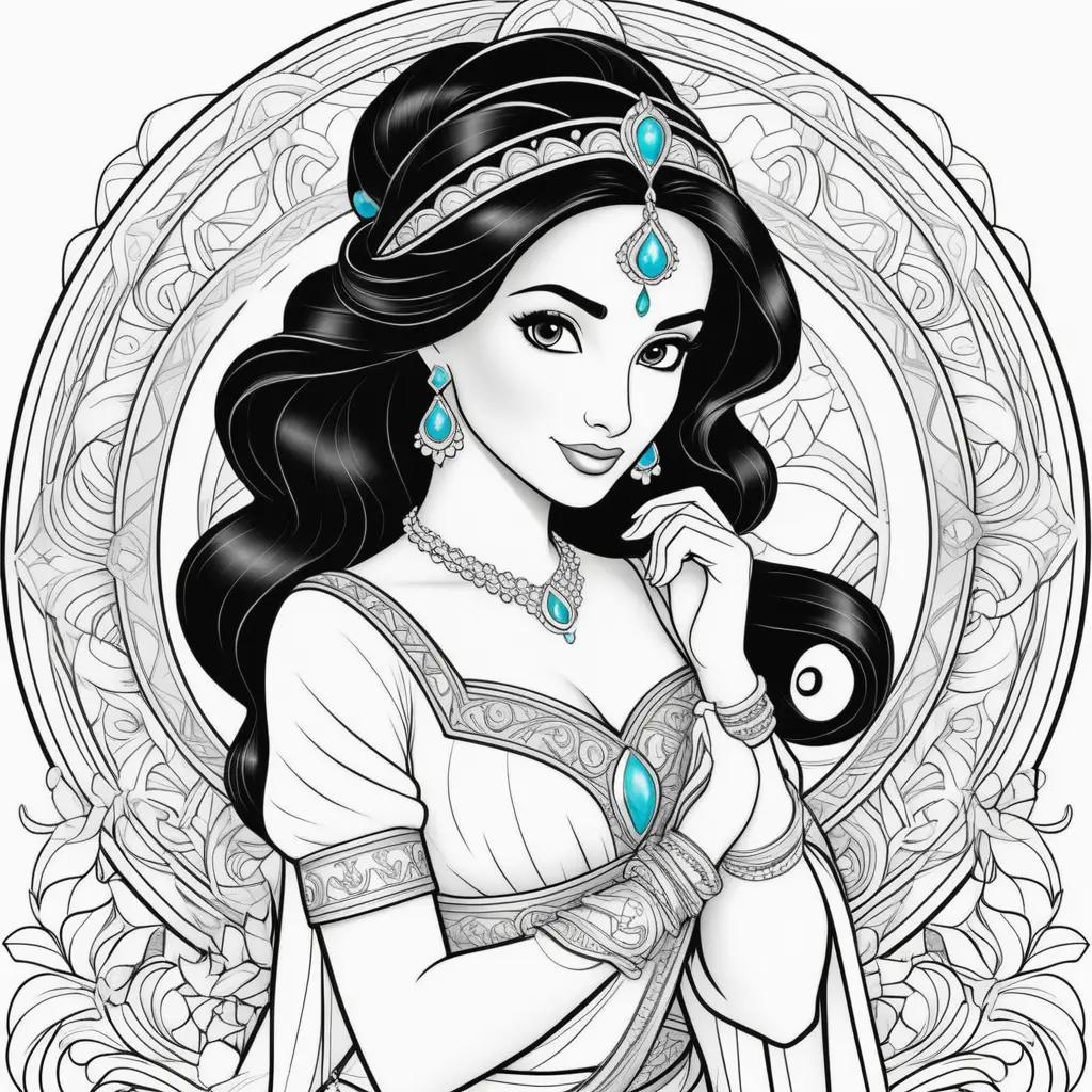 Princess Jasmine coloring pages in black and white