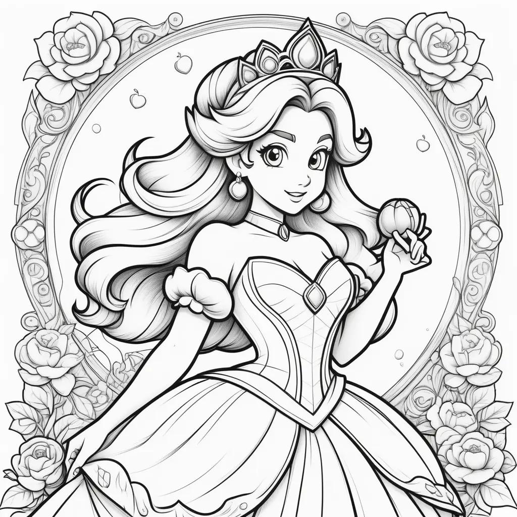 Princess Peach Coloring Page with a crown and a rose