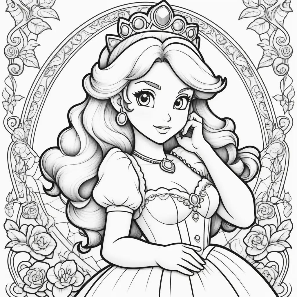 Princess Peach coloring page with a crown and a necklace