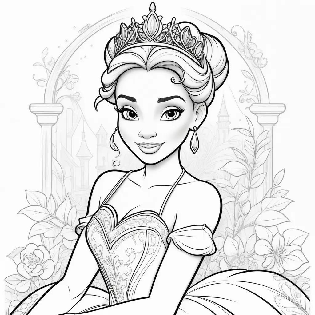 Princess Tiana coloring pages featuring a beautiful young woman with a crown and tiara