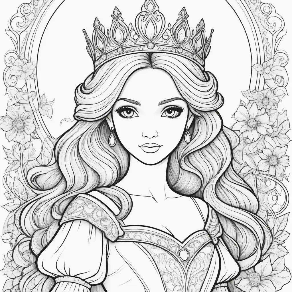 Princess coloring pages with crown and flowers