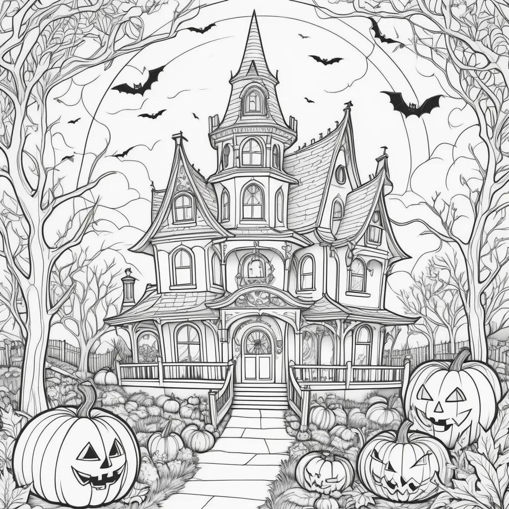 Printable Halloween Coloring Pages Featuring a Haunted House and Pumpkins