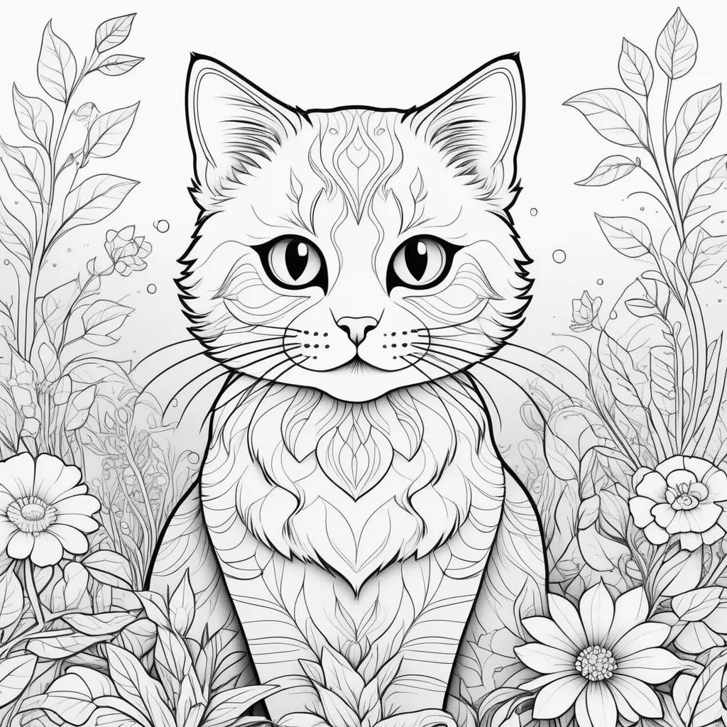 Printable cat coloring pages with floral background