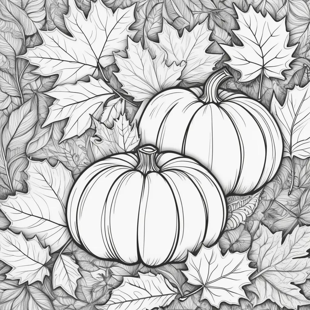 Printable coloring pages featuring fall pumpkins and leaves