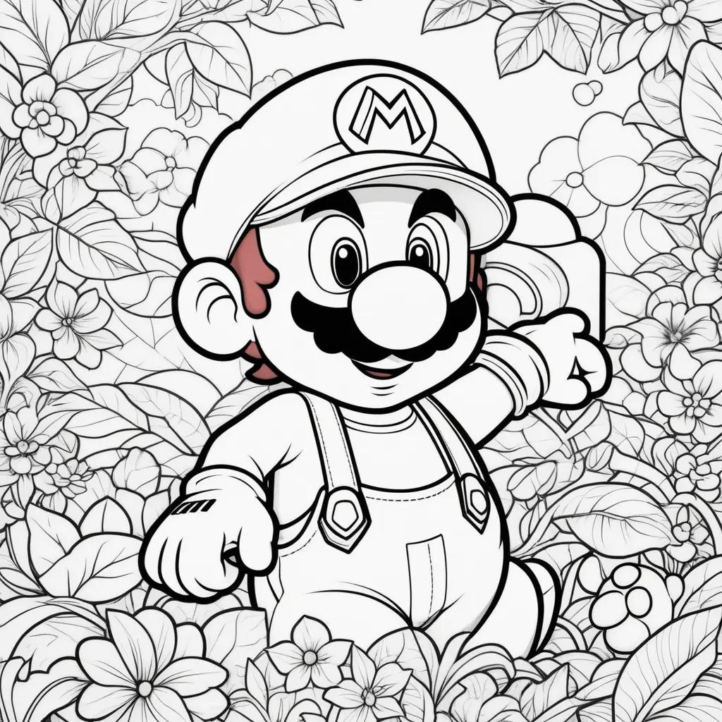 Printable coloring pages of Mario, with flowers and leaves