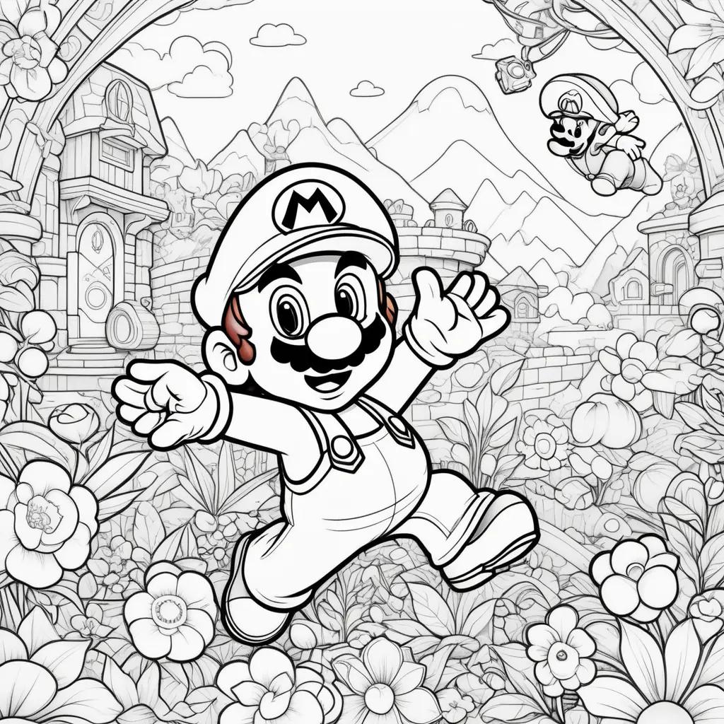 Printable coloring pages with Mario in a flower garden