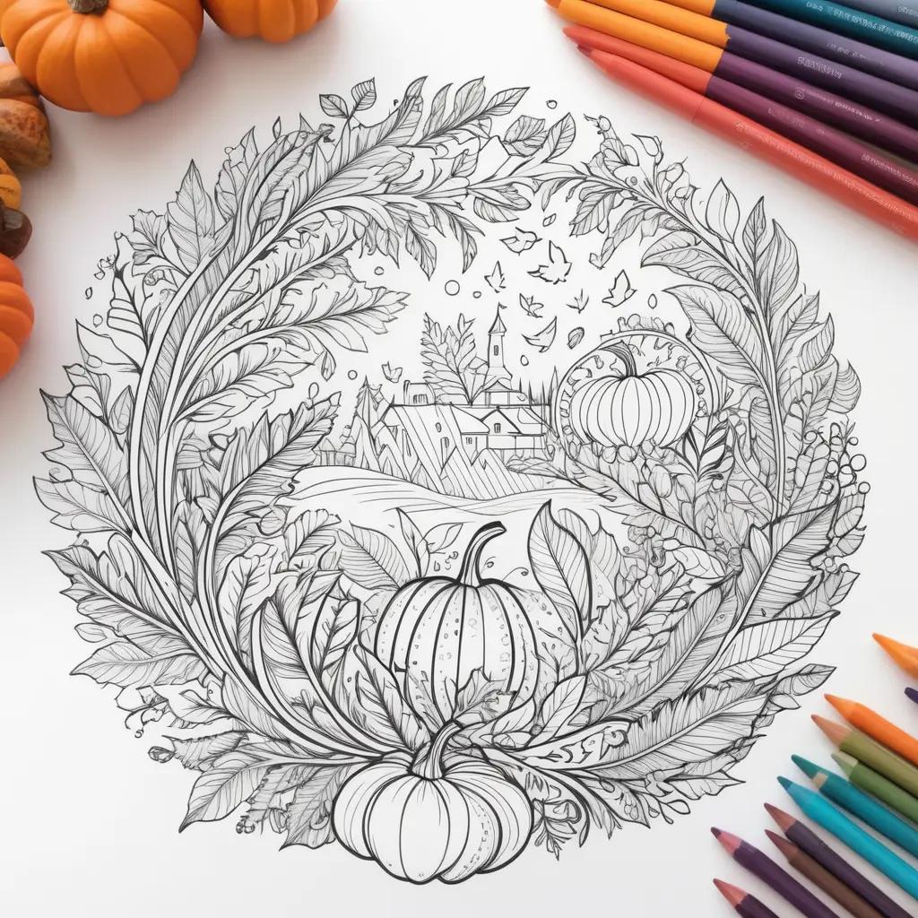 Printable fall coloring pages with pumpkins, leaves, and a house