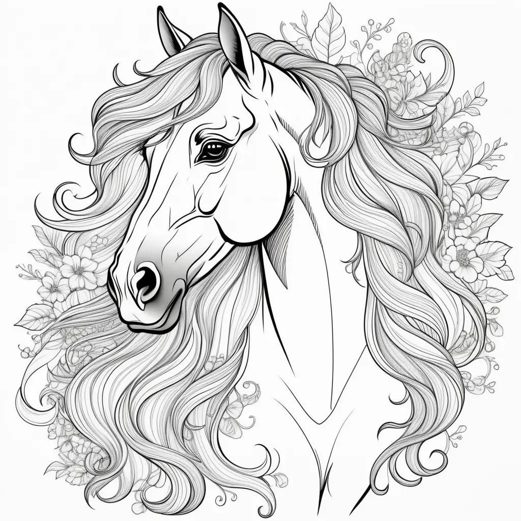 Printable horse coloring pages with detailed lines and leaves