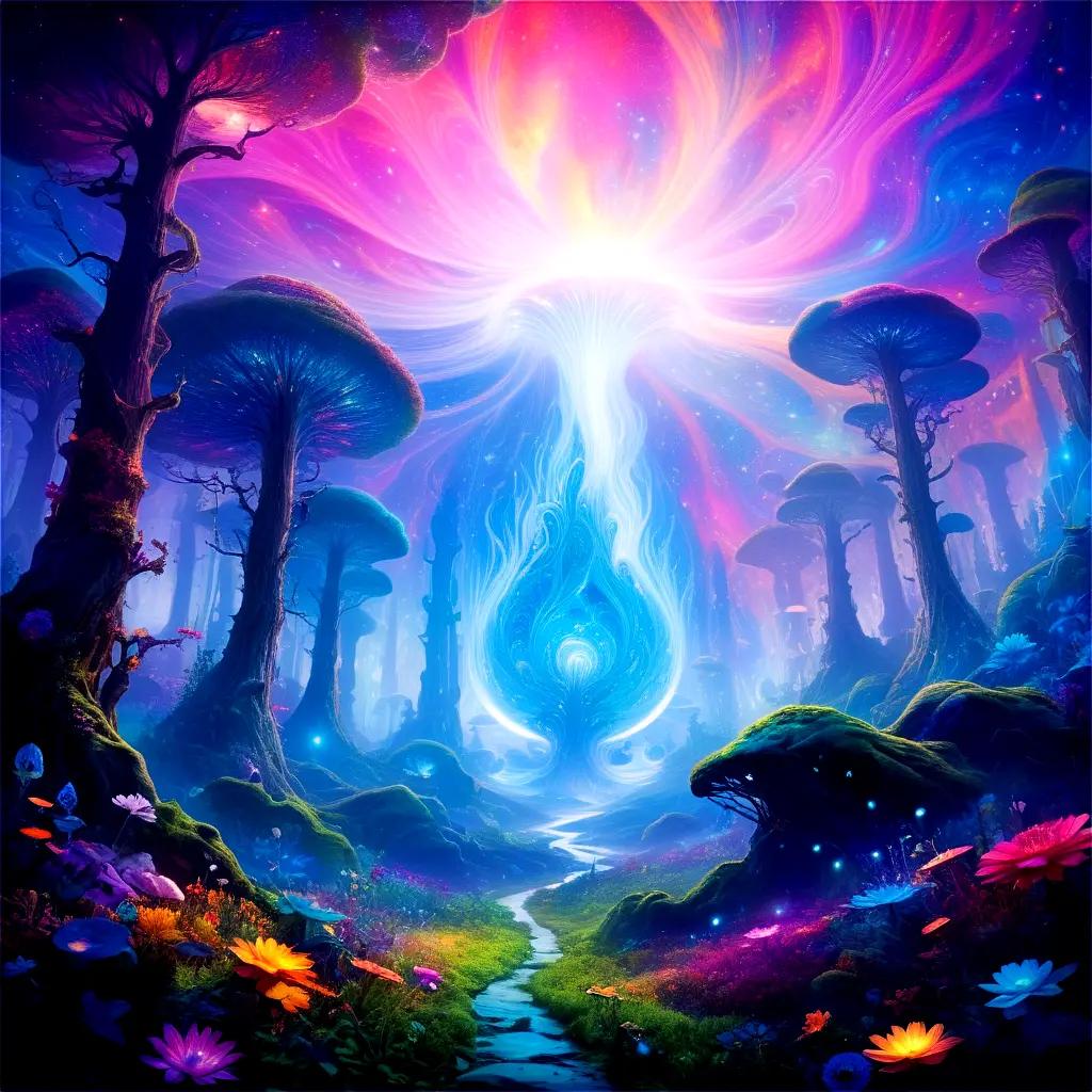 Psychedelic artwork of a forest with mushrooms and flowers