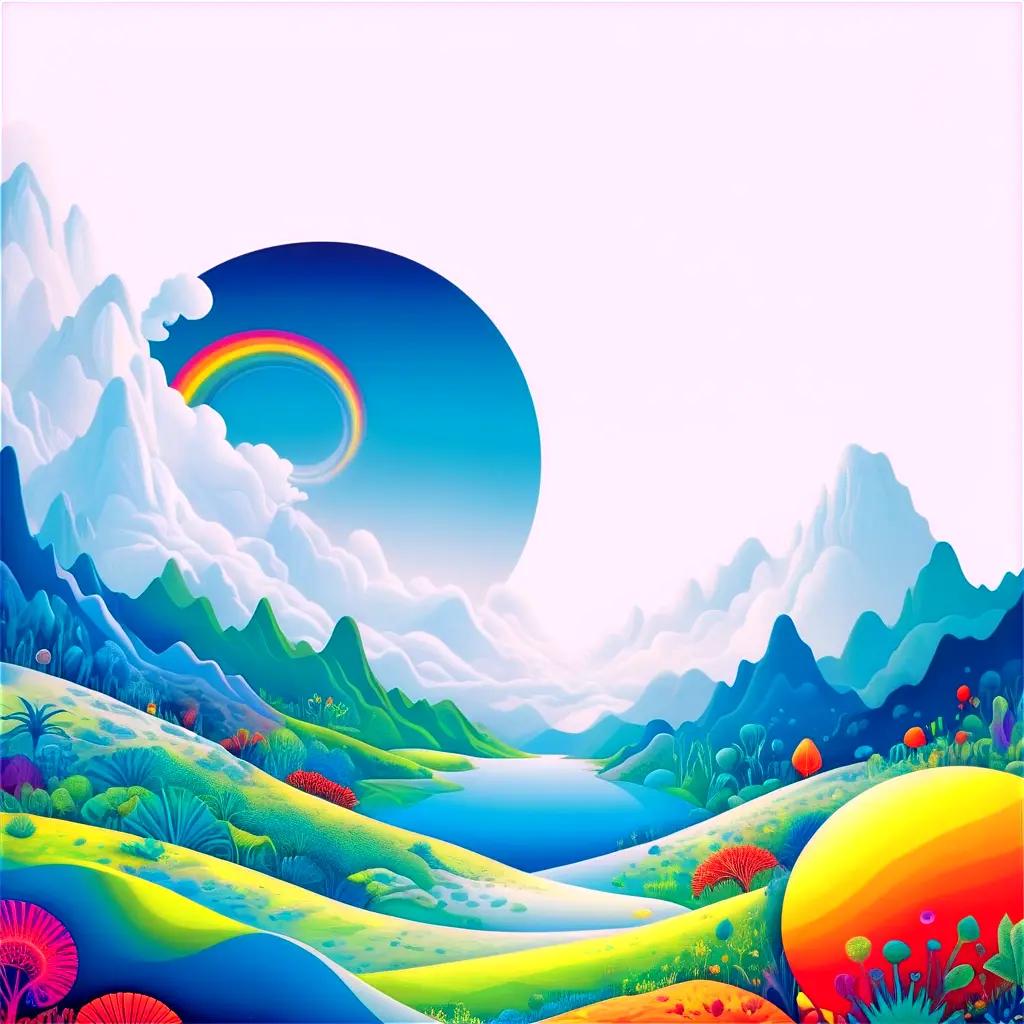 Psychedelic artwork of colorful landscape with rainbow