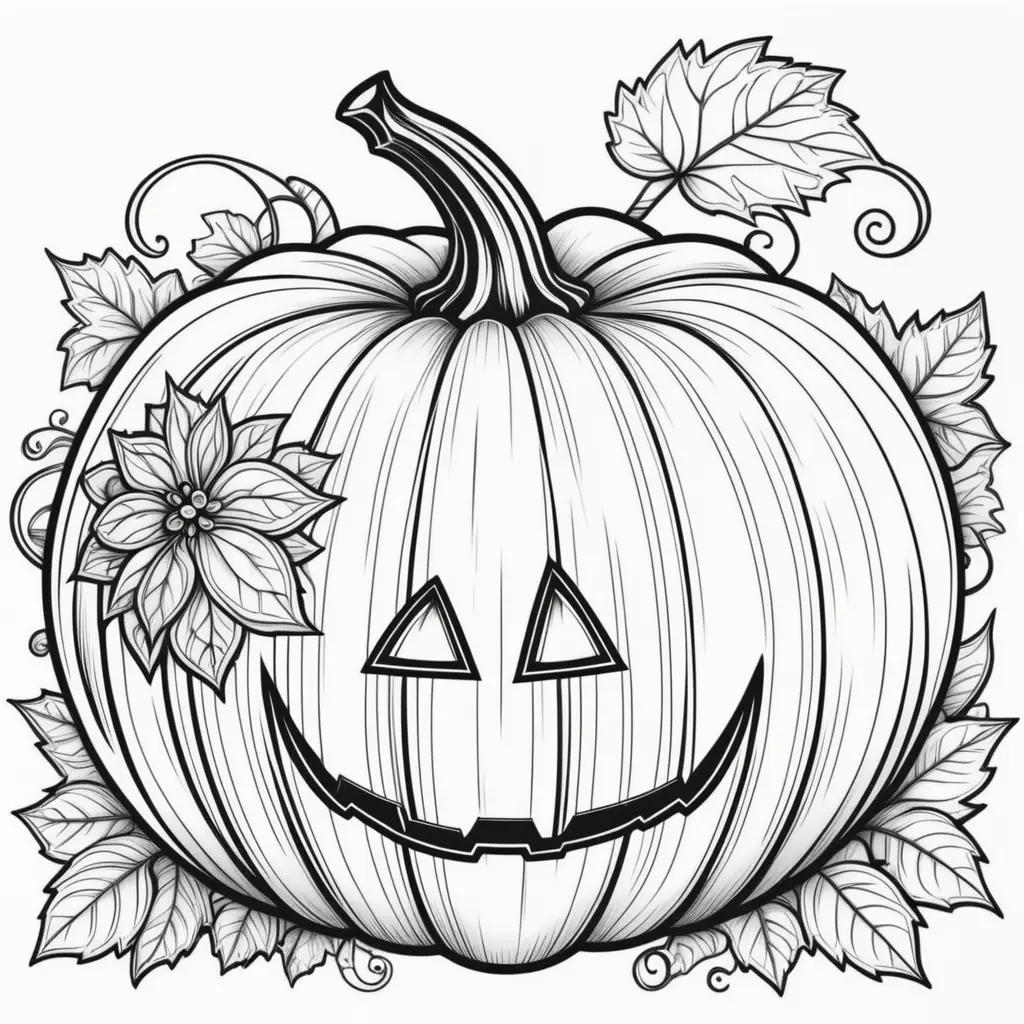 Pumpkin coloring page with leaves and smiley face