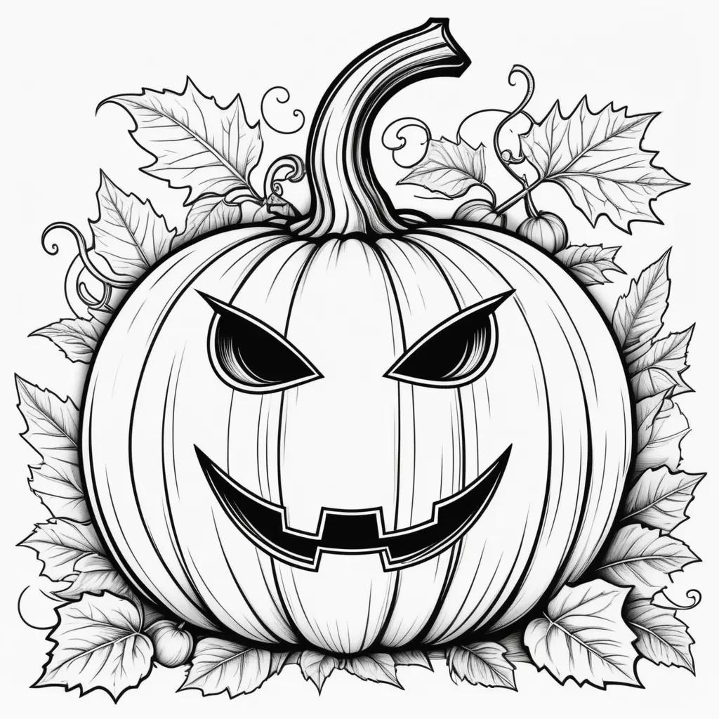 Pumpkin coloring pages with scary face and leaves